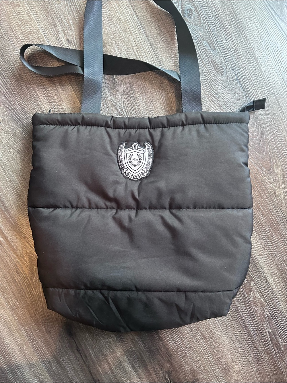PINK Victoria's Secret Black Quilted Tote with Crest Patch